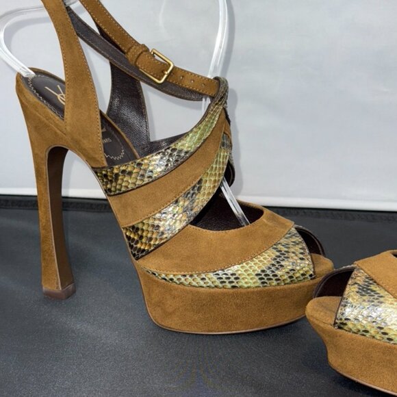 YVES SAINT LAURENT SNAKESKIN AND SUEDE PEEP-TOE SANDALS - Picture 5 of 8